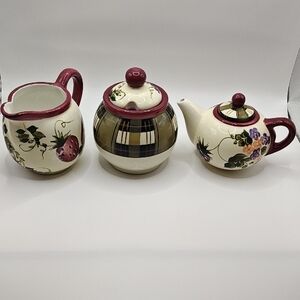 Oneida Cream Tea Sugar Ceramic Set with Strawberry Handpainted 3 Pieces